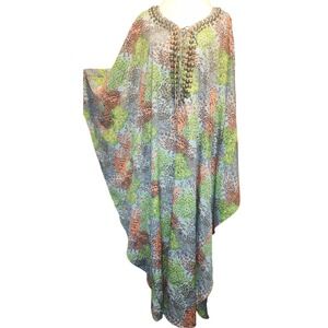 DASH by Kardashian Beaded Kaftan Maxi Dress Blue Green Abstract Print Size M